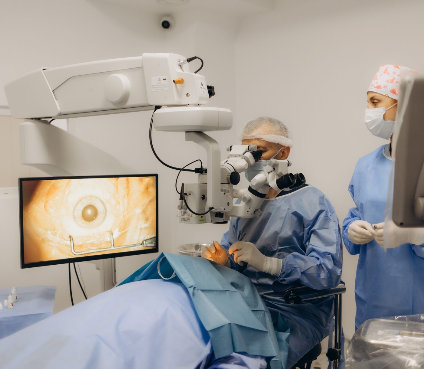 Skilled surgeon and his medical team performs precise eye surgery on an elderly patient, restoring